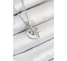 316L Çelik Zirkon Taşlı Hilal Melek Model Gümüş Renk Kadın Kolye - TJ-BKO10366