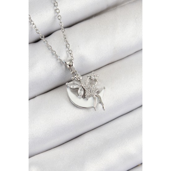 316L Çelik Zirkon Taşlı Hilal Melek Model Gümüş Renk Kadın Kolye - TJ-BKO10366