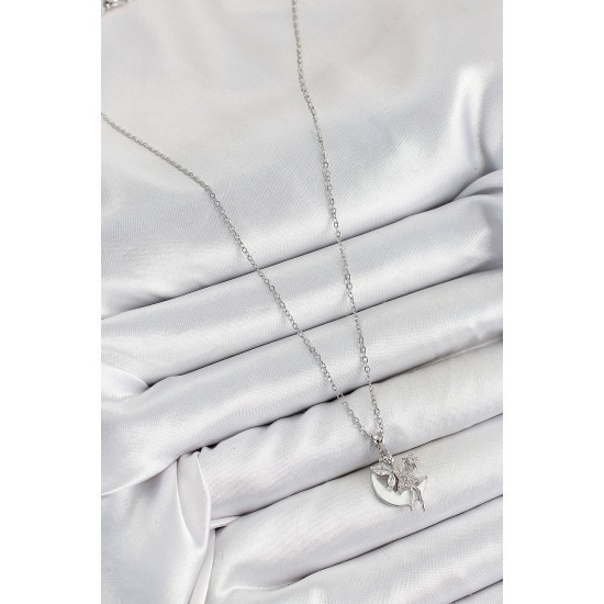 316L Çelik Zirkon Taşlı Hilal Melek Model Gümüş Renk Kadın Kolye - TJ-BKO10366