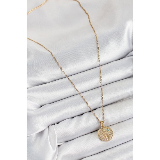 316L Çelik Zirkon Taşlı Madalyon Model Gold Renk Kadın Kolye - TJ-BKO10367