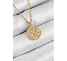 316L Çelik Zirkon Taşlı Madalyon Model Gold Renk Kadın Kolye - TJ-BKO10367