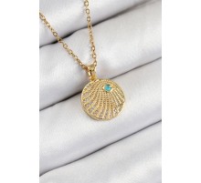 316L Çelik Zirkon Taşlı Madalyon Model Gold Renk Kadın Kolye - TJ-BKO10367