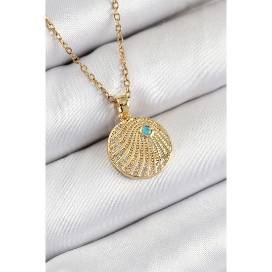 316L Çelik Zirkon Taşlı Madalyon Model Gold Renk Kadın Kolye - TJ-BKO10367