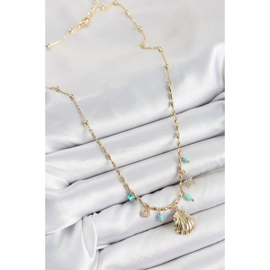 Pirinç Zirkon Taşlı Deniz Kabuğu Model Gold Renk Kadın Kolye - TJ-BKO10368