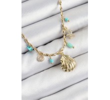 Pirinç Zirkon Taşlı Deniz Kabuğu Model Gold Renk Kadın Kolye - TJ-BKO10368