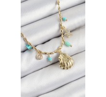 Pirinç Zirkon Taşlı Deniz Kabuğu Model Gold Renk Kadın Kolye - TJ-BKO10368