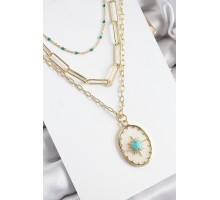 Pirinç Çoklu Zincirli Mavi Boncuklu Pusula Model Gold Renk Kadın Kolye - TJ-BKO10369