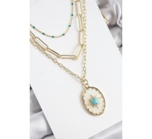 Pirinç Çoklu Zincirli Mavi Boncuklu Pusula Model Gold Renk Kadın Kolye - TJ-BKO10369