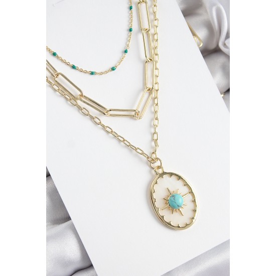 Pirinç Çoklu Zincirli Mavi Boncuklu Pusula Model Gold Renk Kadın Kolye - TJ-BKO10369