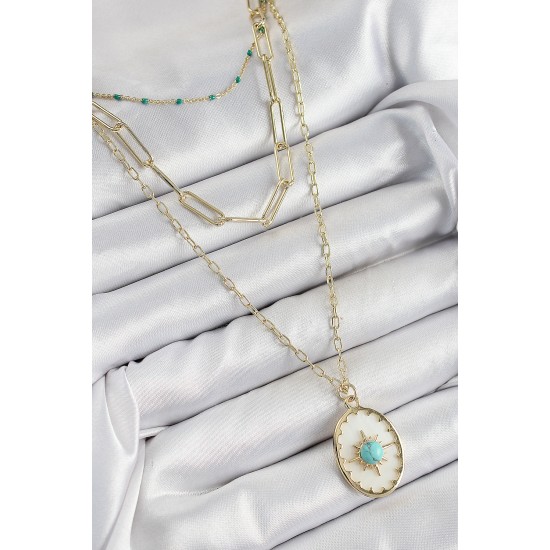 Pirinç Çoklu Zincirli Mavi Boncuklu Pusula Model Gold Renk Kadın Kolye - TJ-BKO10369