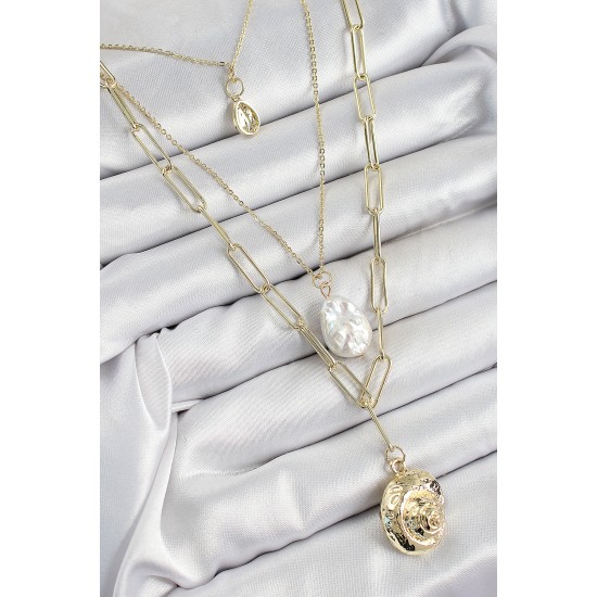 Pirinç Çoklu Zincirli İncili Deniz Kabuğu Model Gold Renk Kadın Kolye - TJ-BKO10370