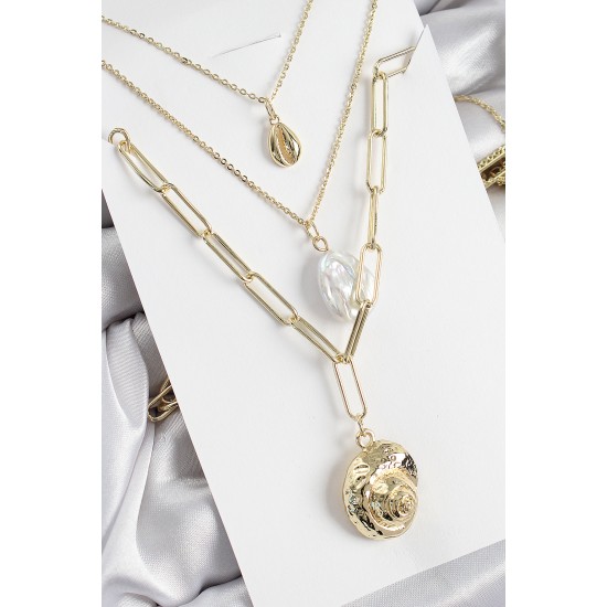 Pirinç Çoklu Zincirli İncili Deniz Kabuğu Model Gold Renk Kadın Kolye - TJ-BKO10370