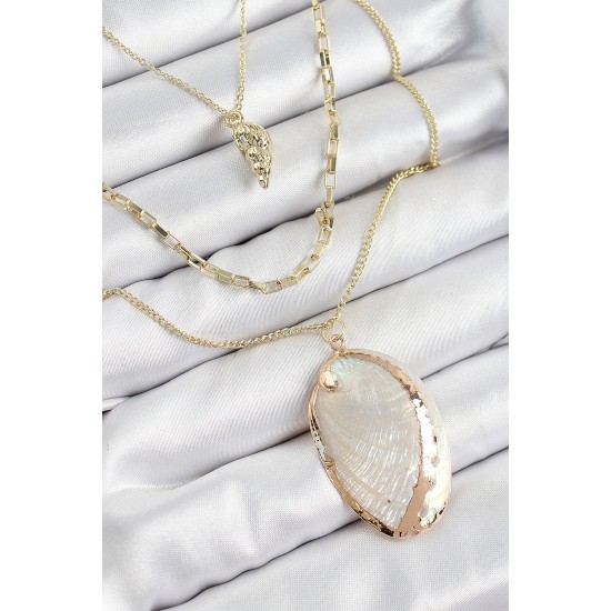 Pirinç Çoklu Zincirli İstiridye Model Gold Renk Kadın Kolye - TJ-BKO10371