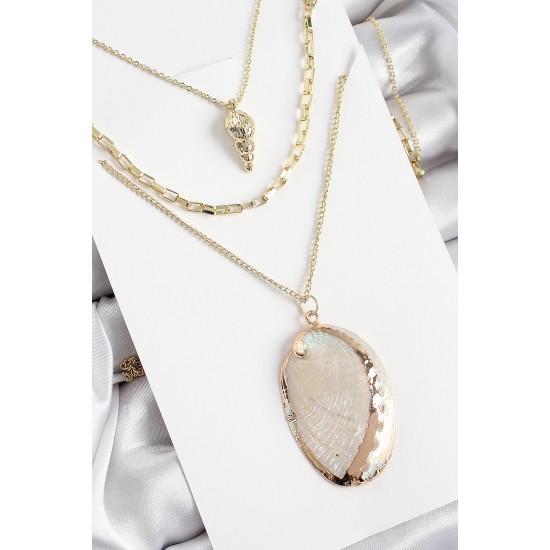 Pirinç Çoklu Zincirli İstiridye Model Gold Renk Kadın Kolye - TJ-BKO10371