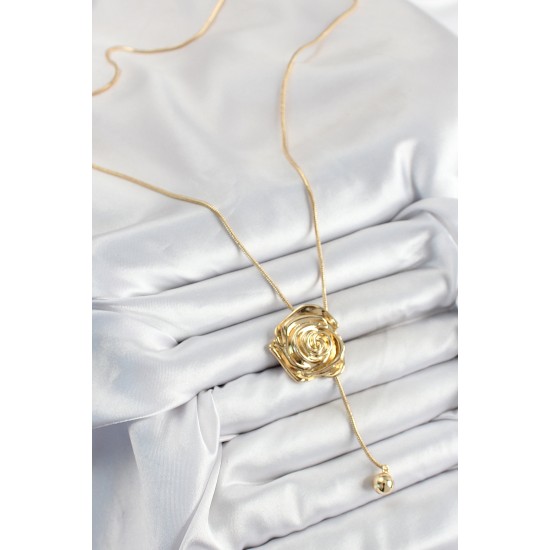 Pirinç Asansörlü Gül Model Gold Renk Kadın Kolye - TJ-BKO10372