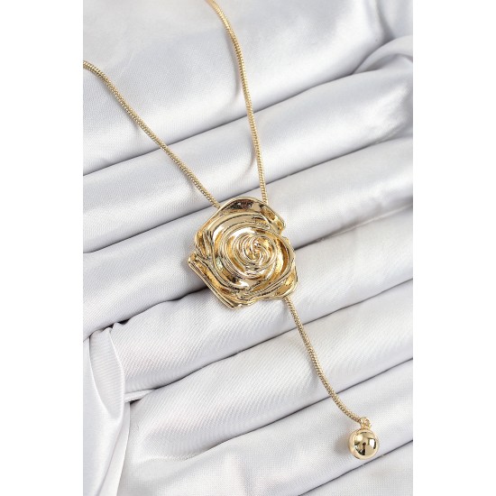 Pirinç Asansörlü Gül Model Gold Renk Kadın Kolye - TJ-BKO10372