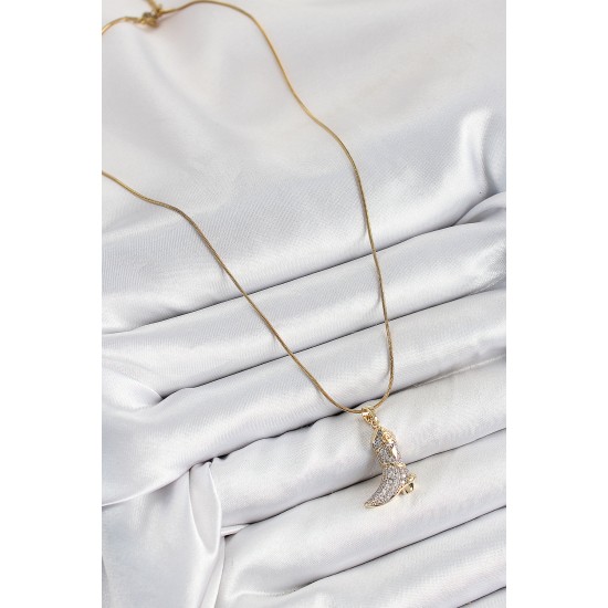 316L Çelik Zirkon Taşlı Çizme Model Gold Renk Kadın Kolye - TJ-BKO10373