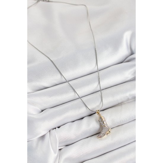 316L Çelik Zirkon Taşlı Çizme Model Gümüş Renk Kadın Kolye - TJ-BKO10374