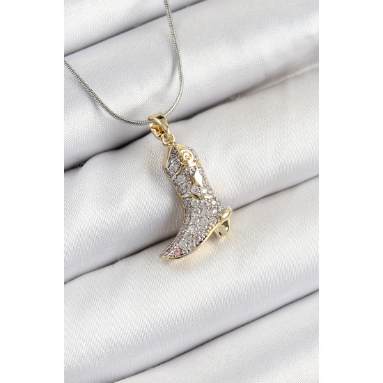 316L Çelik Zirkon Taşlı Çizme Model Gümüş Renk Kadın Kolye - TJ-BKO10374