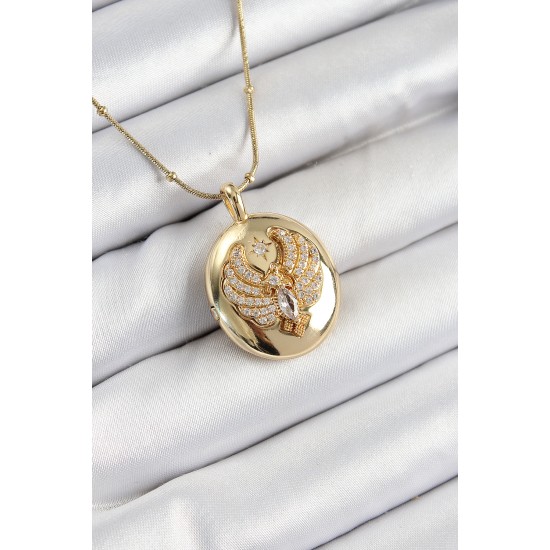 316L Çelik Zincir Açılabilir Anka Kuşu Model Zirkon Taşlı Gold Renk Kadın Kolye - TJ-BKO10375