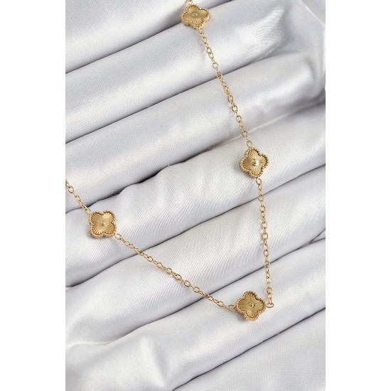 316L Çelik Yonca Model Gold Renk Kadın Kolye - TJ-BKO10378