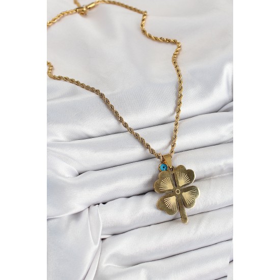 316L Çelik Burgu Zincirli Nazar Detaylı Yonca Model Gold Renk Kadın Kolye - TJ-BKO10377