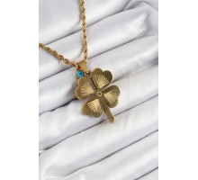 316L Çelik Burgu Zincirli Nazar Detaylı Yonca Model Gold Renk Kadın Kolye - TJ-BKO10377