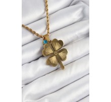 316L Çelik Burgu Zincirli Nazar Detaylı Yonca Model Gold Renk Kadın Kolye - TJ-BKO10377