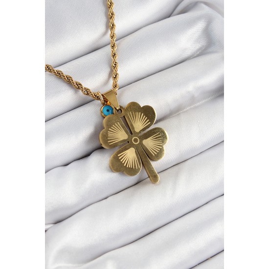 316L Çelik Burgu Zincirli Nazar Detaylı Yonca Model Gold Renk Kadın Kolye - TJ-BKO10377