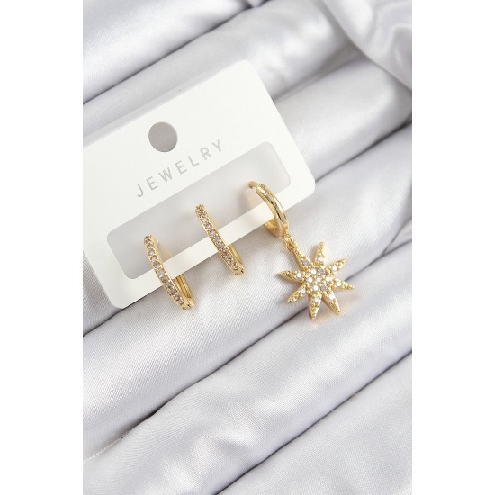 Pirinç Zirkon Taşlı Kutup Yıldızı Model Gold Renk 3'lü Set Kadın Küpe - TJ-BKP10913