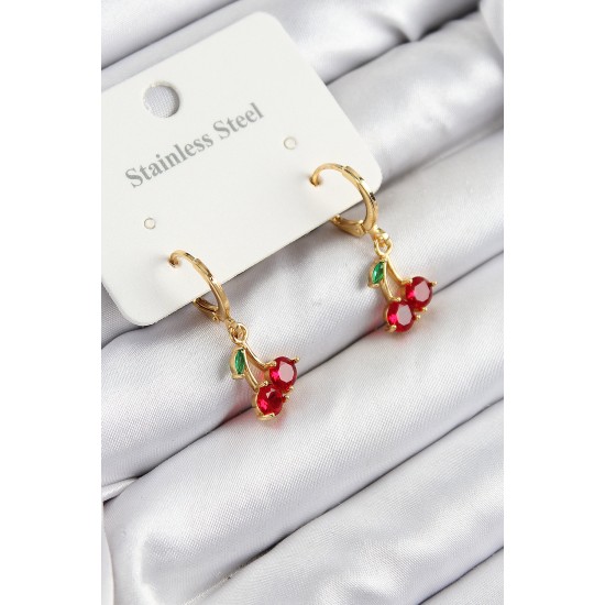 316L Çelik Zirkon Taşlı Sallantılı Kiraz Model Gold Renk Kadın Küpe - TJ-BKP10915