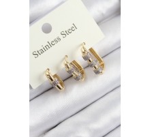 316L Çelik Zirkon Taşlı Dikdörtgen Model Gold Renk 3'lü Set Kadın Küpe - TJ-BKP10916