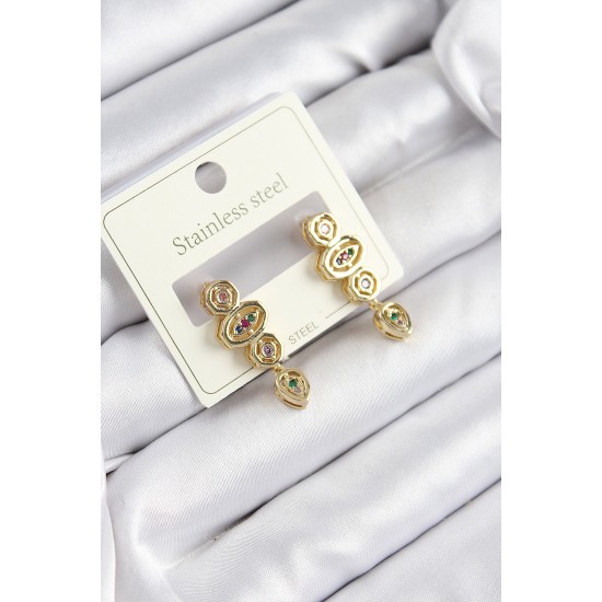 316L Çelik Zirkon Taşlı Sallantılı Geometrik Model Gold Renk Kadın Küpe - TJ-BKP10921