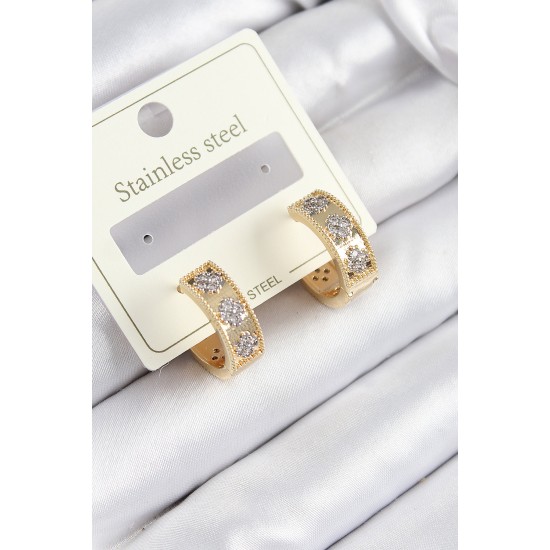 316L Çelik Zirkon Taşlı Halka Model Gold ve Gümüş Renk Kadın Küpe - TJ-BKP10922