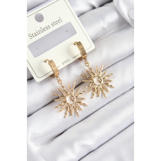 316L Çelik Zirkon Taşlı Sallantılı Güneş Model Gold Renk Kadın Küpe - TJ-BKP10923