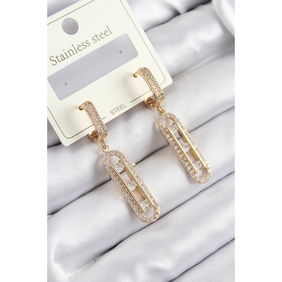316L Çelik Zirkon Taşlı Sallantılı Messika Model Gold Renk Kadın Küpe - TJ-BKP10920