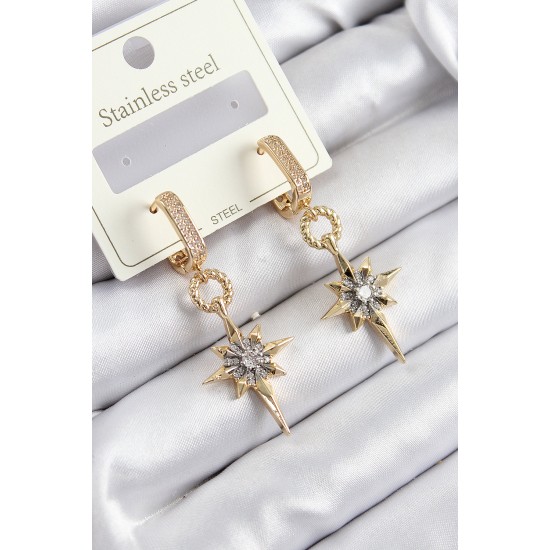 316L Çelik Zirkon Taşlı Sallantılı Kutup Yıldızı Model Gold Ve Gümüş Renk Kadın Küpe - TJ-BKP10918
