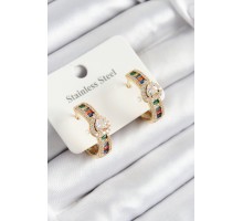 316L Çelik Renkli Zirkon Taşlı Kalpli Baget Halka Model Gold Renk Kadın Küpe - TJ-BKP10925