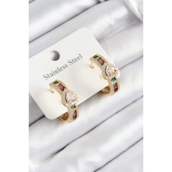 316L Çelik Renkli Zirkon Taşlı Kalpli Baget Halka Model Gold Renk Kadın Küpe - TJ-BKP10925