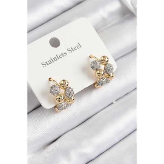 316L Çelik Zirkon Taşlı Topçuk Halka Model Gold Ve Gümüş Renk Kadın Küpe - TJ-BKP10926