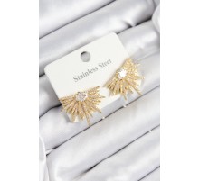 316L Çelik Zirkon Taşlı Yelpaze Model Gold Renk Kadın Küpe - TJ-BKP10927