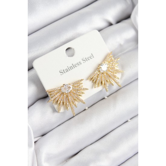 316L Çelik Zirkon Taşlı Yelpaze Model Gold Renk Kadın Küpe - TJ-BKP10927