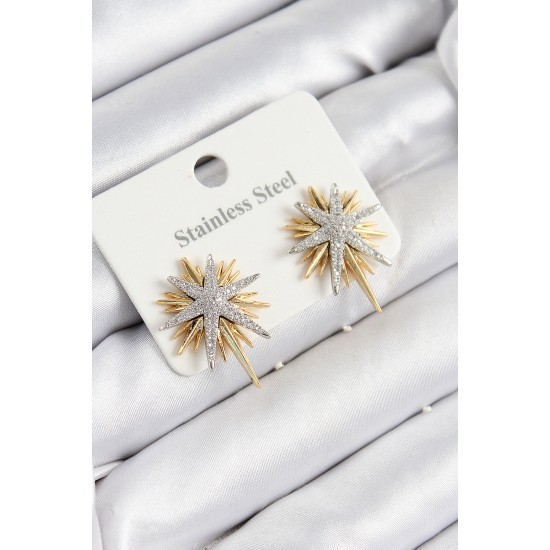 316L Çelik Zirkon Taşlı Kutup Yıldızı Model Gold Ve Gümüş Renk Kadın Küpe - TJ-BKP10928