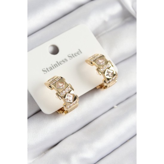 316L Çelik Zirkon Taşlı Halka Model Gold Renk Kadın Küpe - TJ-BKP10930