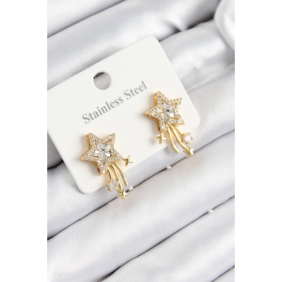 316L Çelik Zirkon Taşlı Kayan Yıldız Model Gold Renk Kadın Küpe - TJ-BKP10931