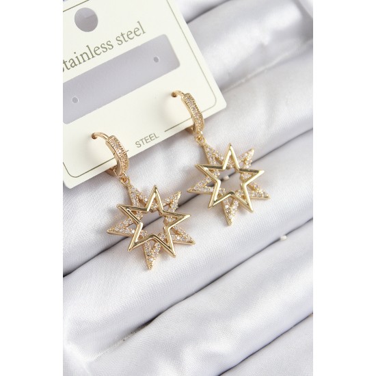 316L Çelik Zirkon Taşlı Sallantılı Yıldız Model Gold Renk Kadın Küpe - TJ-BKP10932