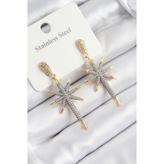 316L Çelik Zirkon Taşlı Pusula Yıldızı Model Gold Ve Gümüş Renk Kadın Küpe - TJ-BKP10934