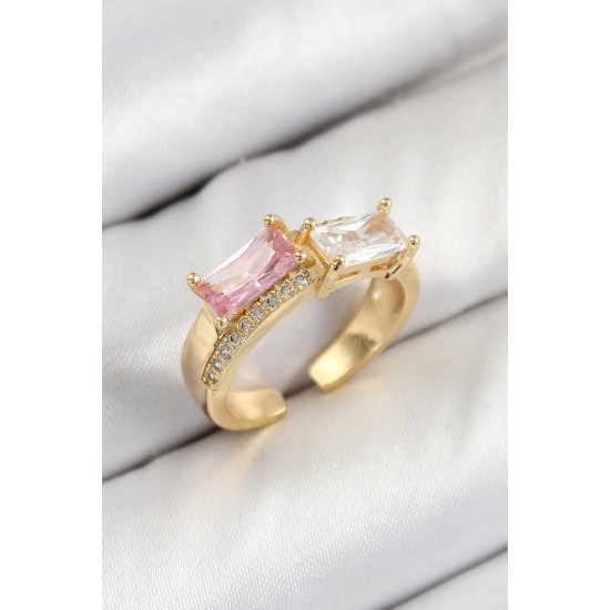 Pirinç Zirkon Taşlı Dikdörtgen Model Gold Renk Kadın Yüzük - TJ-BYK3797