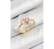 Pirinç Zirkon Taşlı Pembe Kalp Model Gold Renk Kadın Yüzük - TJ-BYK3802