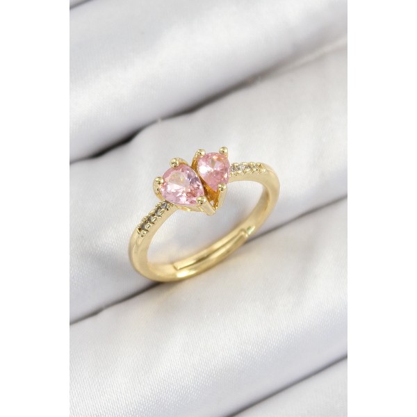 Pirinç Zirkon Taşlı Pembe Kalp Model Gold Renk Kadın Yüzük - TJ-BYK3802